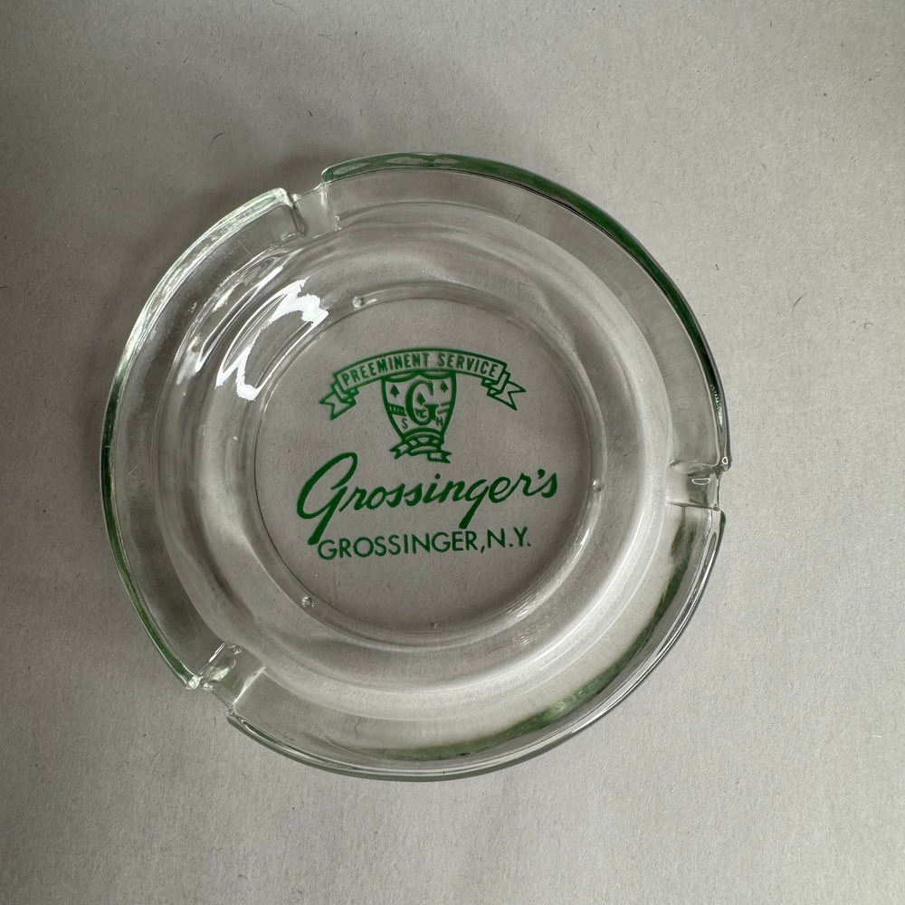 Vintage Grossinger's Catskills Resort Glass Ashtray Green Logo Grossinger NY